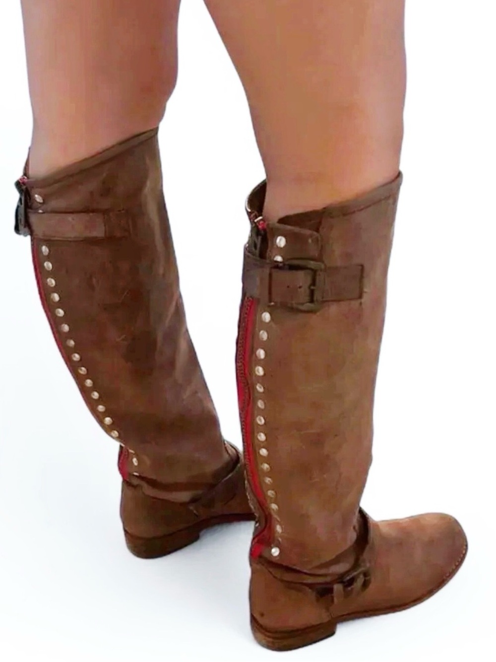 🆕{Steve Madden} Studded Distressed Leather Red Zipper Riding Boots